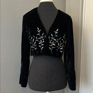 Vintage R&K Evening Velvet Crop Jacket Silver Leaf Embroidery Glam Formal Wear